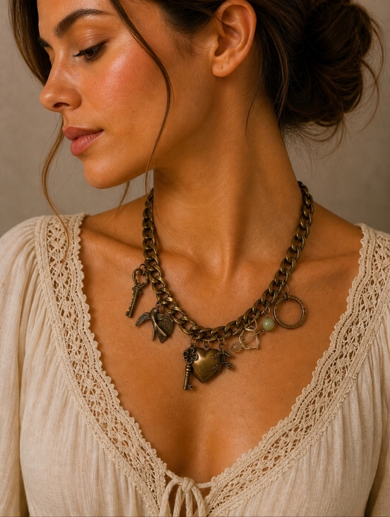 Vintage Jewelry - Vintage Bronze Heart Key Bird Leaves Charm Boho Chain Necklace